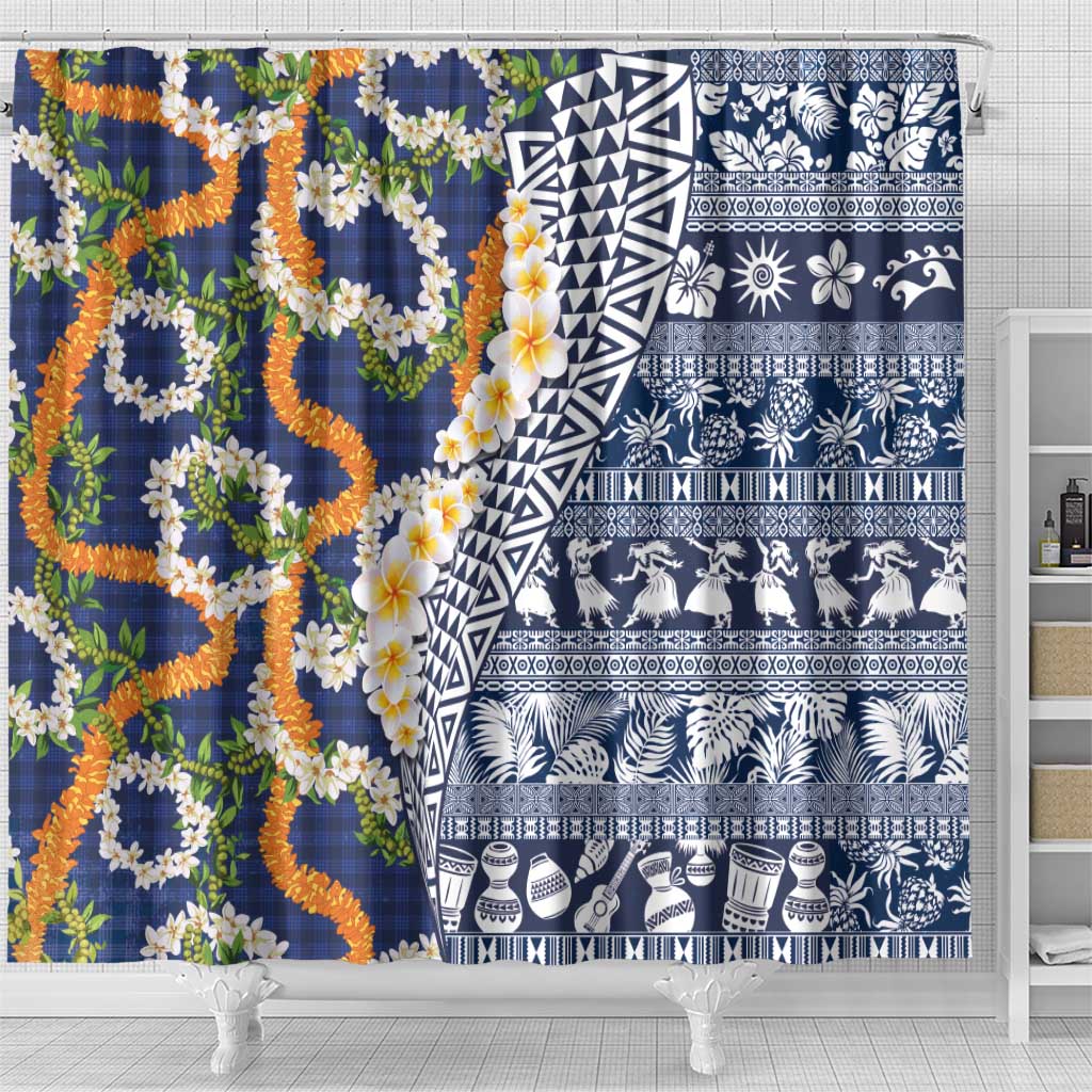 Hawaiian Plumeria Lei Shower Curtain Kakau Motifs and Palaka Half Style Blue Color - Polynesian Pride