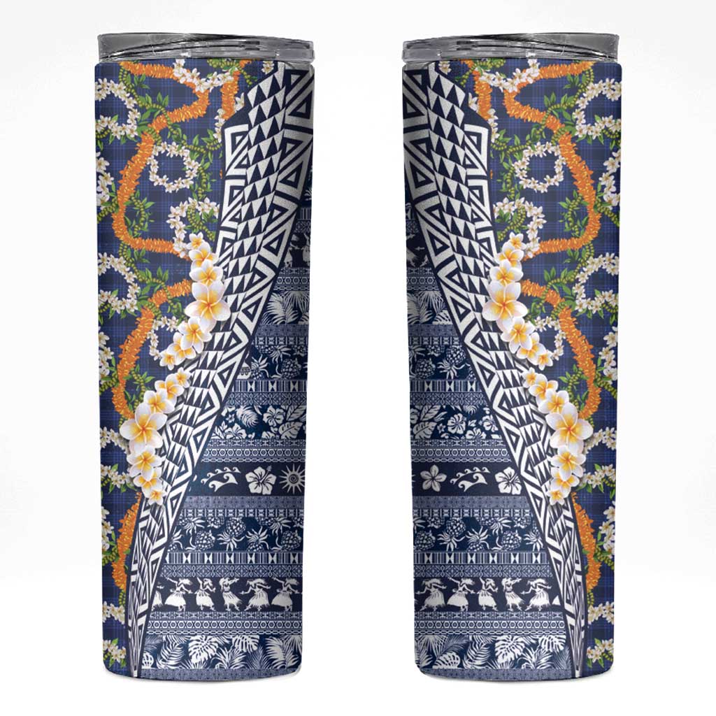 Hawaiian Plumeria Lei Skinny Tumbler Kakau Motifs and Palaka Half Style Blue Color - Polynesian Pride