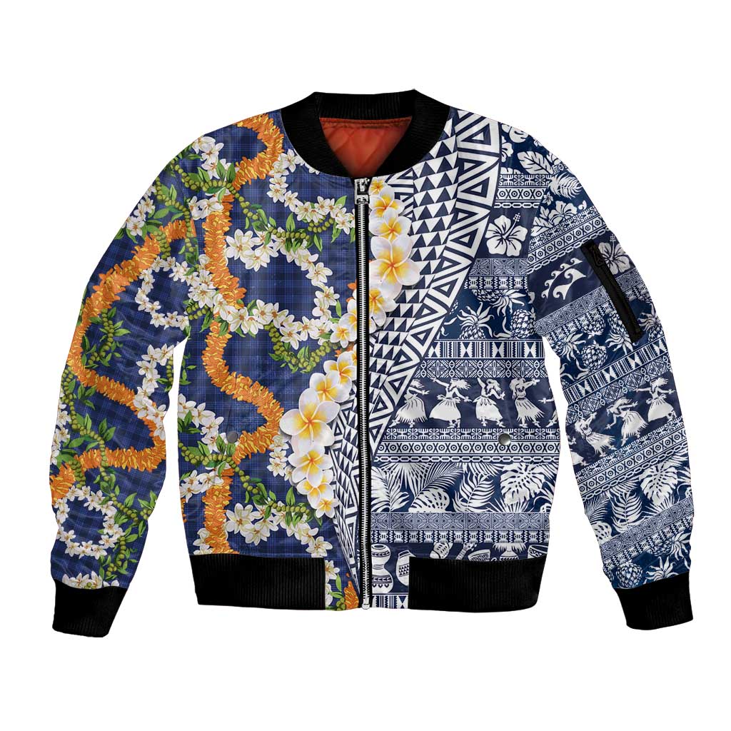 Hawaiian Plumeria Lei Sleeve Zip Bomber Jacket Kakau Motifs and Palaka Half Style Blue Color LT03 Unisex Blue - Polynesian Pride