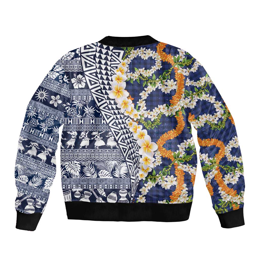 Hawaiian Plumeria Lei Sleeve Zip Bomber Jacket Kakau Motifs and Palaka Half Style Blue Color LT03 - Polynesian Pride