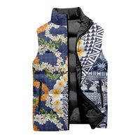 Hawaiian Plumeria Lei Sleeveless Puffer Jacket Kakau Motifs and Palaka Half Style Blue Color - Polynesian Pride