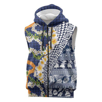 Hawaiian Plumeria Lei Sleeveless Zip Hoodie Kakau Motifs and Palaka Half Style Blue Color - Polynesian Pride
