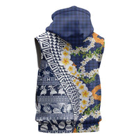 Hawaiian Plumeria Lei Sleeveless Zip Hoodie Kakau Motifs and Palaka Half Style Blue Color - Polynesian Pride
