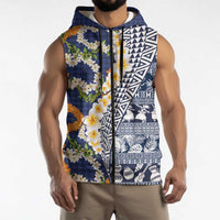 Hawaiian Plumeria Lei Sleeveless Zip Hoodie Kakau Motifs and Palaka Half Style Blue Color - Polynesian Pride