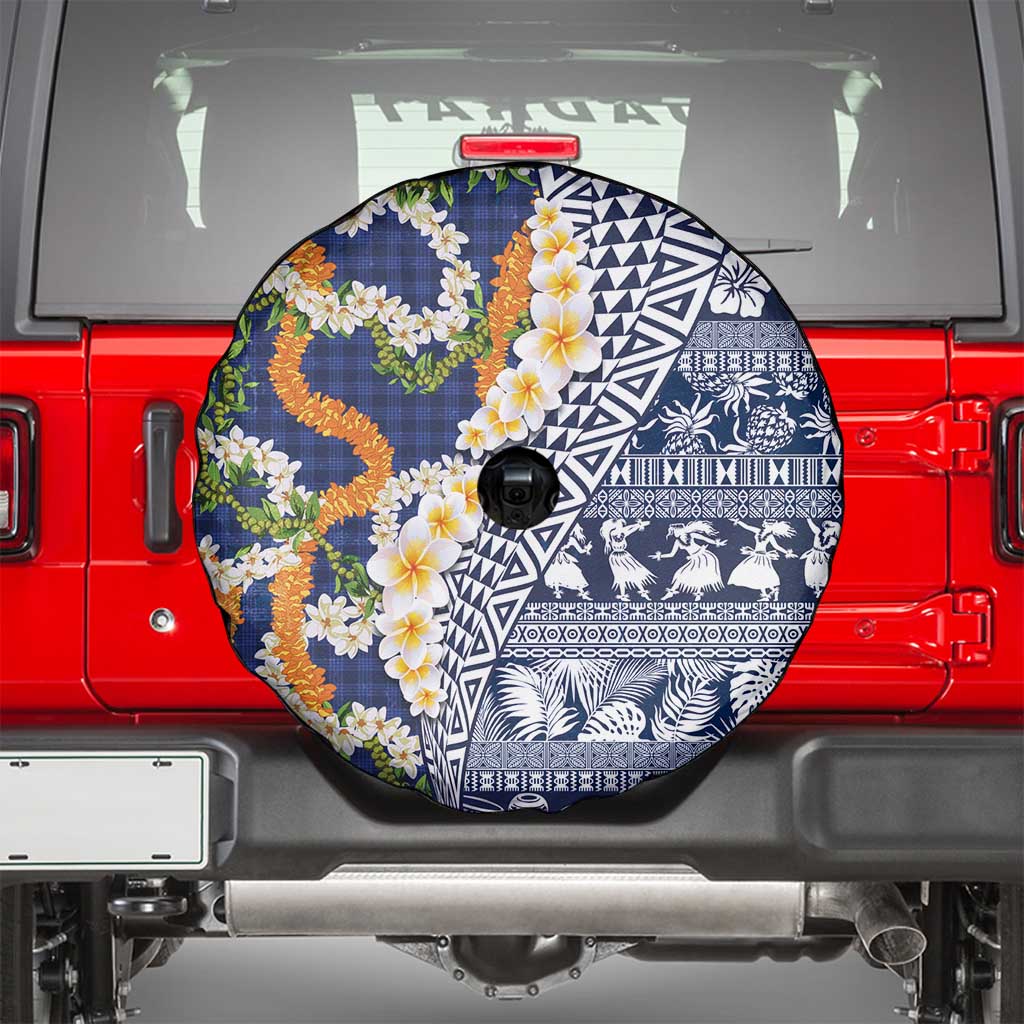 Hawaiian Plumeria Lei Spare Tire Cover Kakau Motifs and Palaka Half Style Blue Color - Polynesian Pride