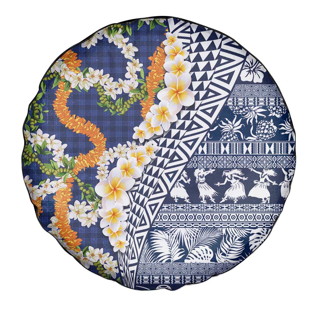 Hawaiian Plumeria Lei Spare Tire Cover Kakau Motifs and Palaka Half Style Blue Color - Polynesian Pride