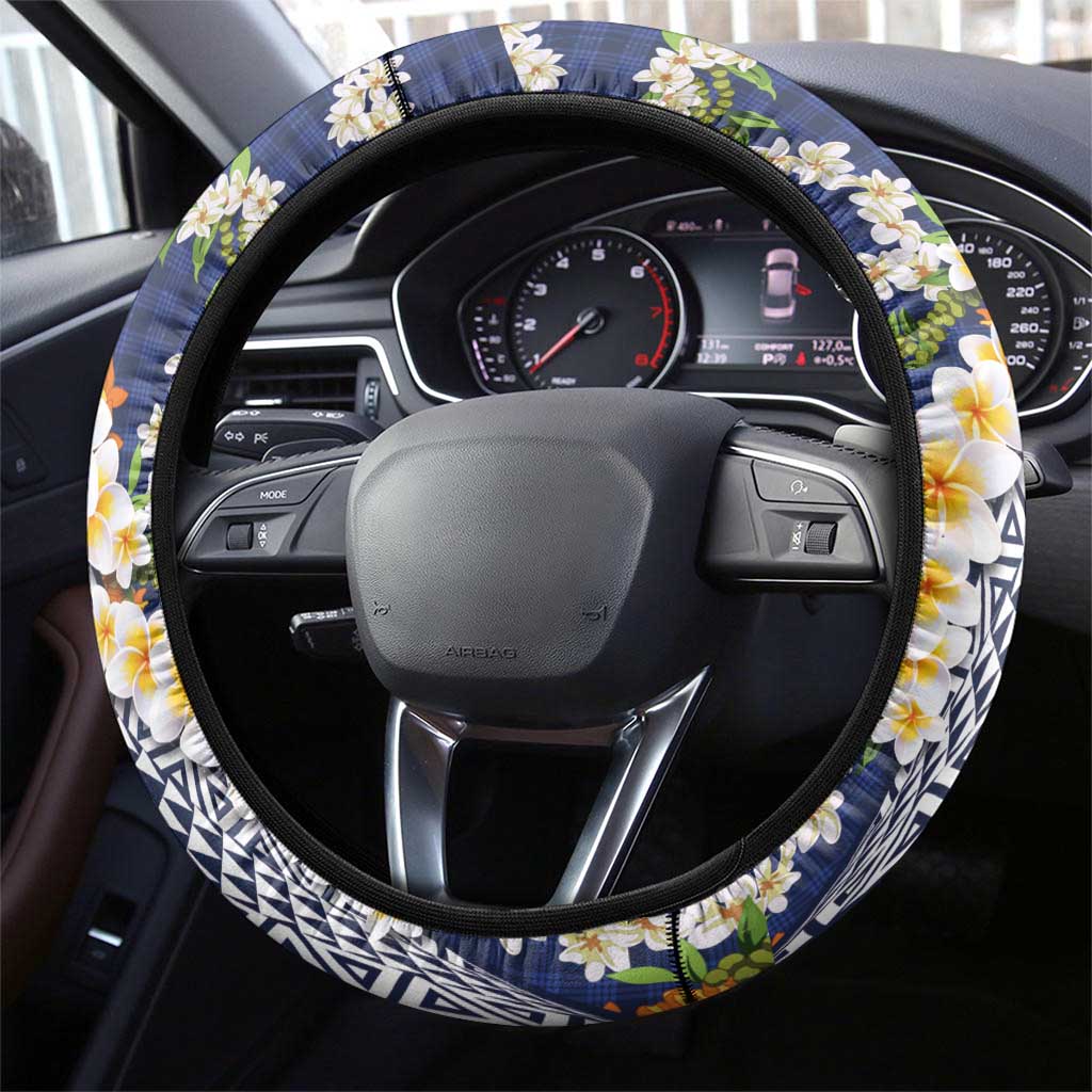 Hawaiian Plumeria Lei Steering Wheel Cover Kakau Motifs and Palaka Half Style Blue Color - Polynesian Pride