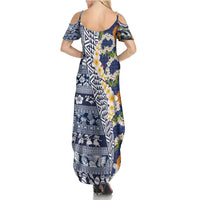 Hawaiian Plumeria Lei Summer Maxi Dress Kakau Motifs and Palaka Half Style Blue Color - Polynesian Pride