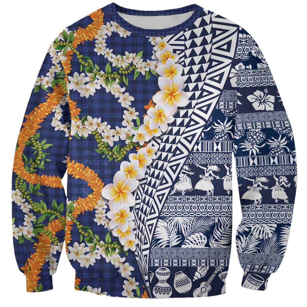 Hawaiian Plumeria Lei Sweatshirt Kakau Motifs and Palaka Half Style Blue Color - Polynesian Pride