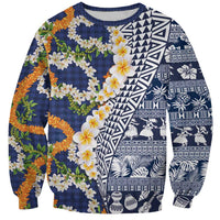 Hawaiian Plumeria Lei Sweatshirt Kakau Motifs and Palaka Half Style Blue Color - Polynesian Pride