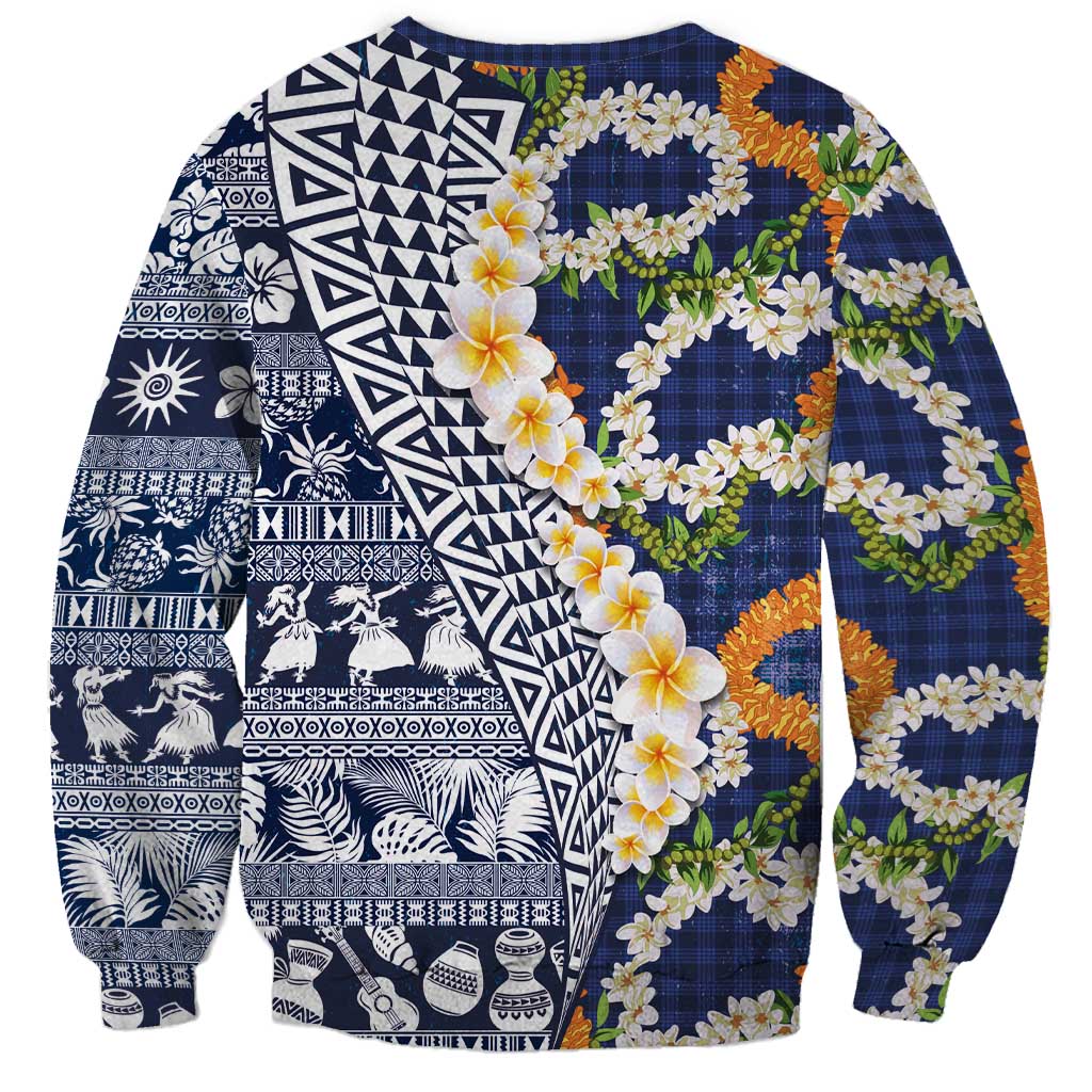 Hawaiian Plumeria Lei Sweatshirt Kakau Motifs and Palaka Half Style Blue Color - Polynesian Pride