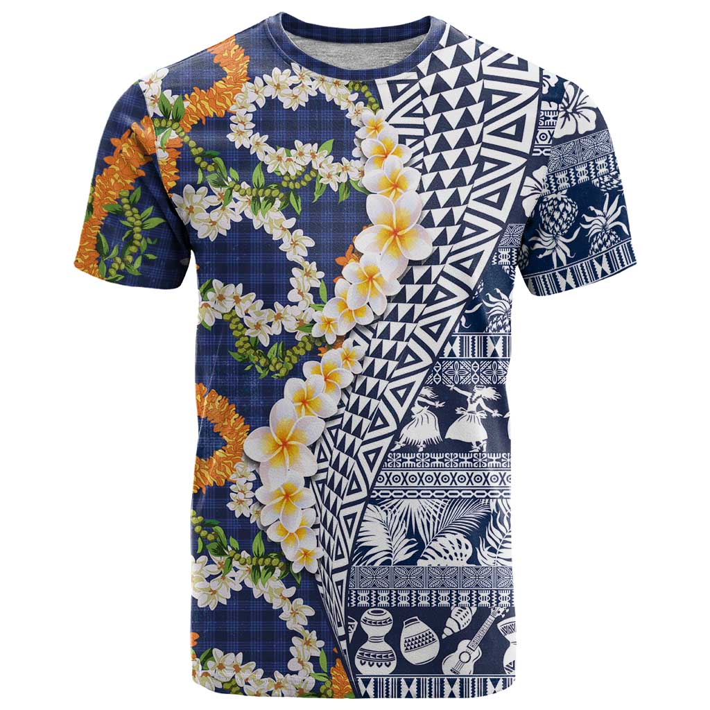 Hawaiian Plumeria Lei T Shirt Kakau Motifs and Palaka Half Style Blue Color - Polynesian Pride