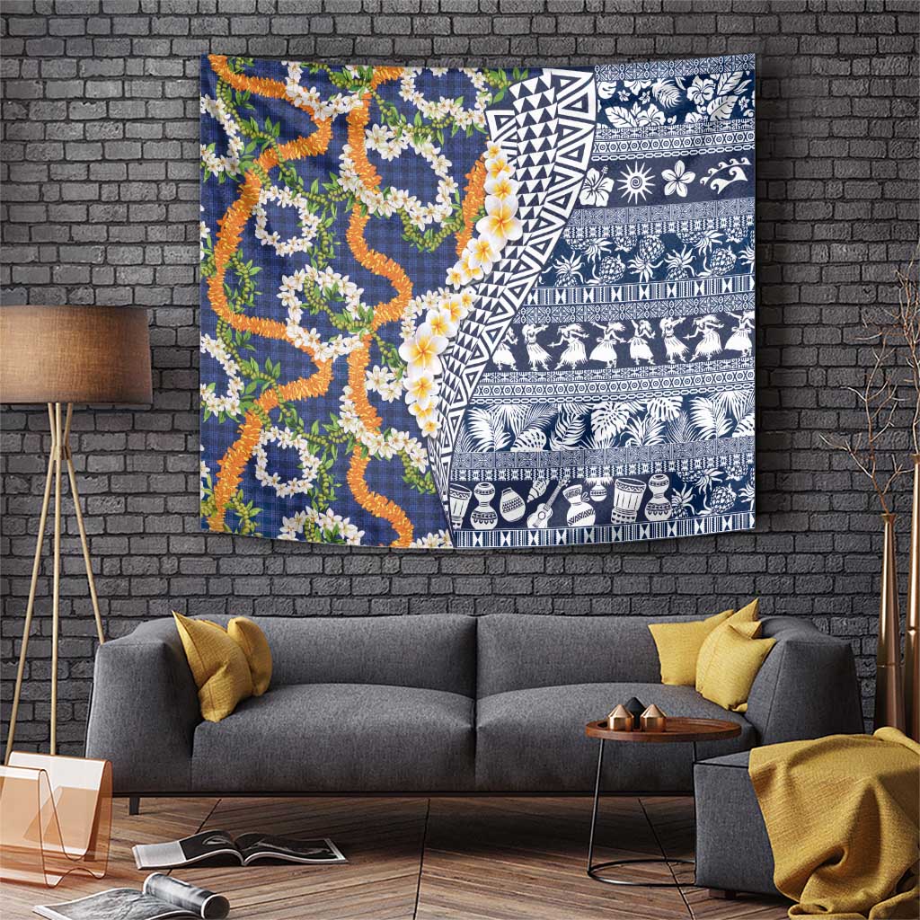 Hawaiian Plumeria Lei Tapestry Kakau Motifs and Palaka Half Style Blue Color LT03 Blue - Polynesian Pride