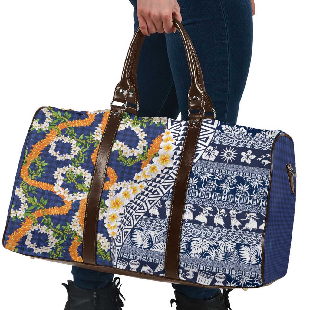 Hawaiian Plumeria Lei Travel Bag Kakau Motifs and Palaka Half Style Blue Color - Polynesian Pride