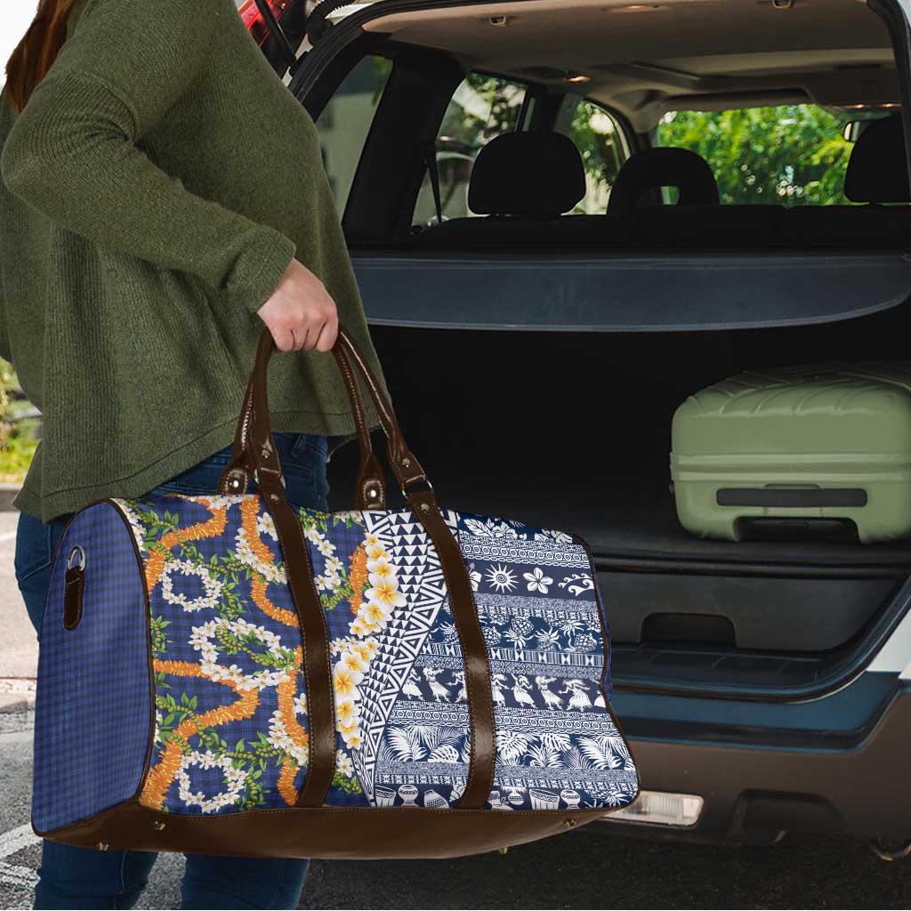 Hawaiian Plumeria Lei Travel Bag Kakau Motifs and Palaka Half Style Blue Color - Polynesian Pride