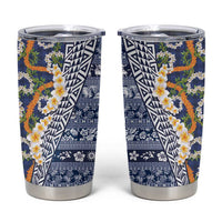 Hawaiian Plumeria Lei Tumbler Cup Kakau Motifs and Palaka Half Style Blue Color - Polynesian Pride