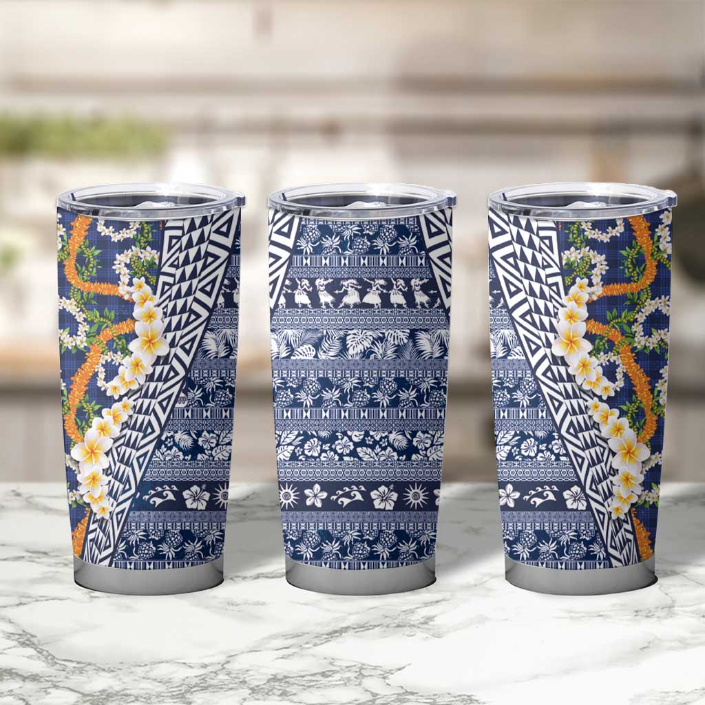 Hawaiian Plumeria Lei Tumbler Cup Kakau Motifs and Palaka Half Style Blue Color - Polynesian Pride