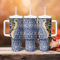 Hawaiian Plumeria Lei Tumbler With Handle Kakau Motifs and Palaka Half Style Blue Color - Polynesian Pride