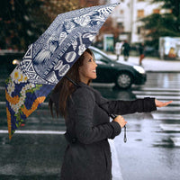 Hawaiian Plumeria Lei Umbrella Kakau Motifs and Palaka Half Style Blue Color - Polynesian Pride