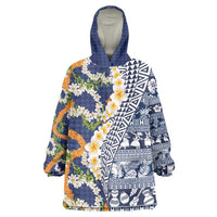 Hawaiian Plumeria Lei Wearable Blanket Hoodie Kakau Motifs and Palaka Half Style Blue Color - Polynesian Pride