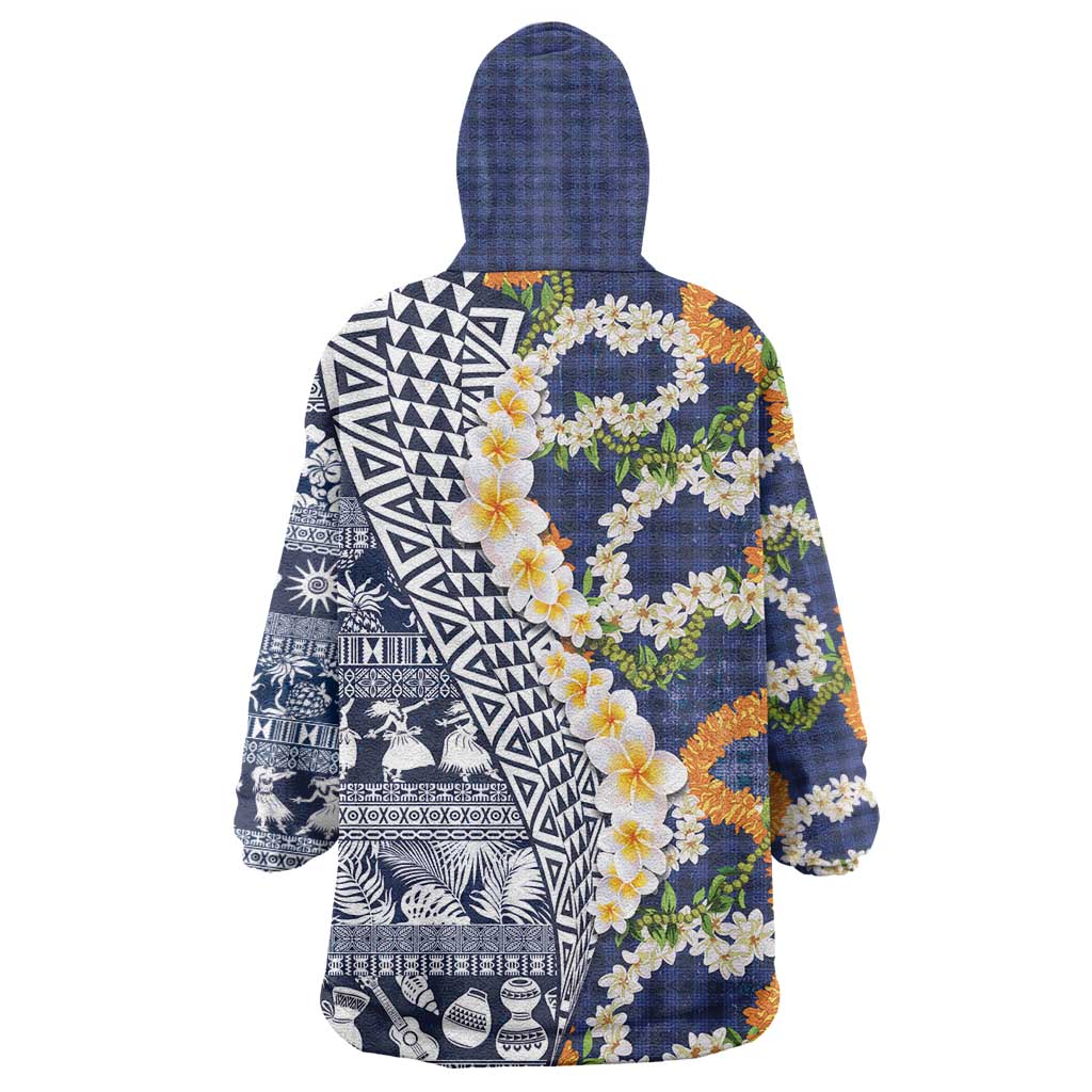 Hawaiian Plumeria Lei Wearable Blanket Hoodie Kakau Motifs and Palaka Half Style Blue Color - Polynesian Pride