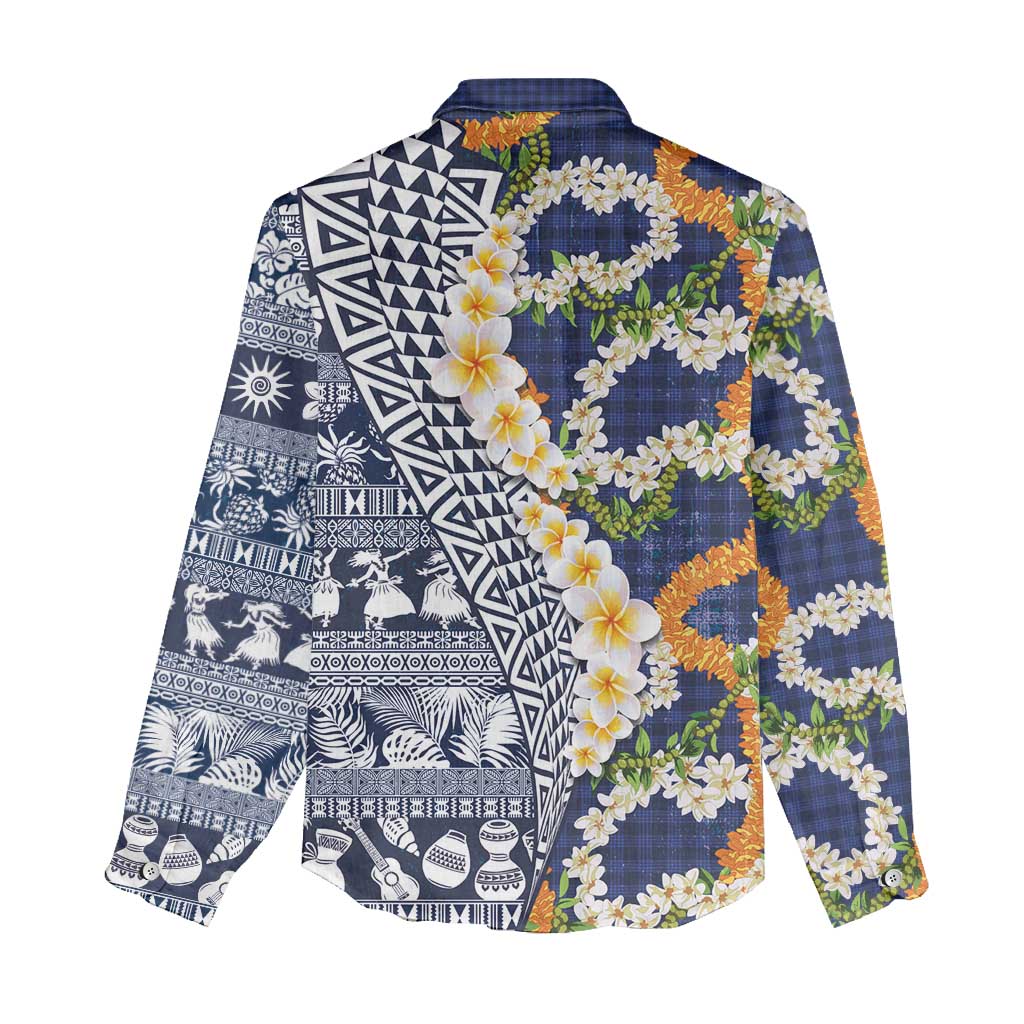 Hawaiian Plumeria Lei Women Casual Shirt Kakau Motifs and Palaka Half Style Blue Color - Polynesian Pride