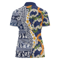 Hawaiian Plumeria Lei Women Polo Shirt Kakau Motifs and Palaka Half Style Blue Color - Polynesian Pride