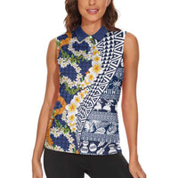 Hawaiian Plumeria Lei Women Sleeveless Polo Shirt Kakau Motifs and Palaka Half Style Blue Color - Polynesian Pride