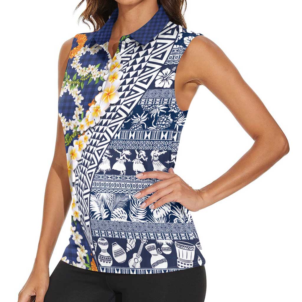 Hawaiian Plumeria Lei Women Sleeveless Polo Shirt Kakau Motifs and Palaka Half Style Blue Color - Polynesian Pride