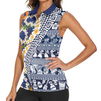 Hawaiian Plumeria Lei Women Sleeveless Polo Shirt Kakau Motifs and Palaka Half Style Blue Color - Polynesian Pride