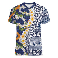 Hawaiian Plumeria Lei Women V-Neck T-Shirt Kakau Motifs and Palaka Half Style Blue Color - Polynesian Pride