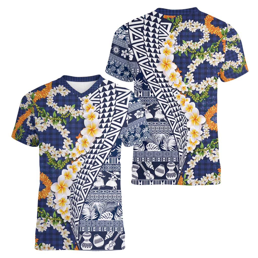 Hawaiian Plumeria Lei Women V-Neck T-Shirt Kakau Motifs and Palaka Half Style Blue Color - Polynesian Pride