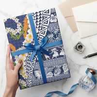 Hawaiian Plumeria Lei Wrapping Paper Kakau Motifs and Palaka Half Style Blue Color - Polynesian Pride