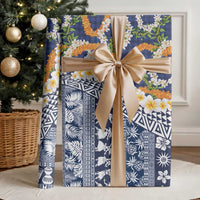 Hawaiian Plumeria Lei Wrapping Paper Kakau Motifs and Palaka Half Style Blue Color - Polynesian Pride