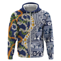 Hawaiian Plumeria Lei Zip Hoodie Kakau Motifs and Palaka Half Style Blue Color - Polynesian Pride