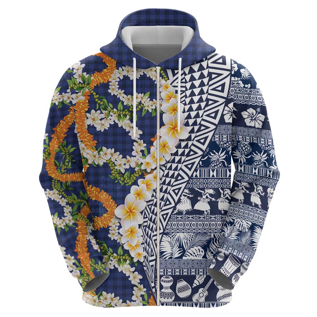 Hawaiian Plumeria Lei Zip Hoodie Kakau Motifs and Palaka Half Style Blue Color - Polynesian Pride