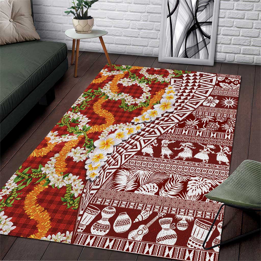 Hawaiian Plumeria Lei Area Rug Kakau Motifs and Palaka Half Style Red Color - Polynesian Pride