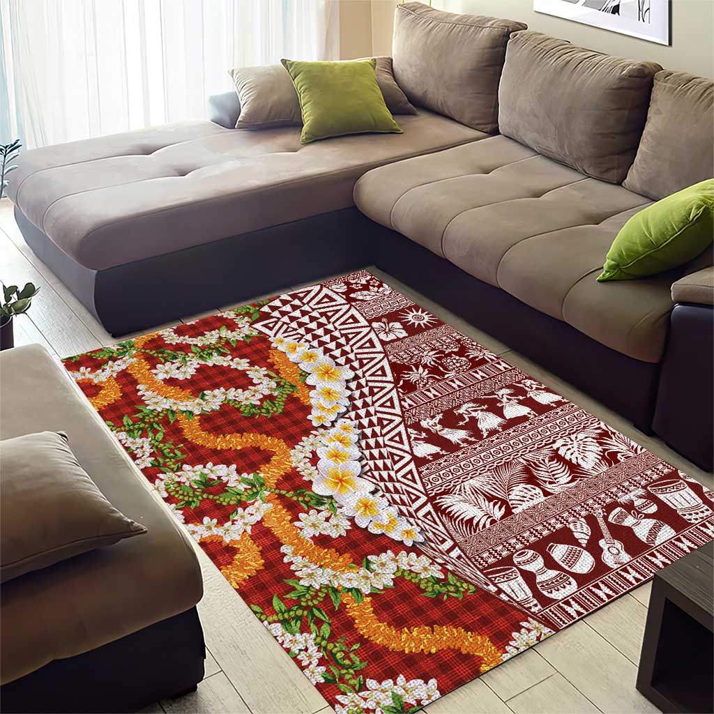 Hawaiian Plumeria Lei Area Rug Kakau Motifs and Palaka Half Style Red Color - Polynesian Pride