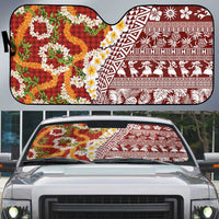 Hawaiian Plumeria Lei Auto Sun Shade Kakau Motifs and Palaka Half Style Red Color - Polynesian Pride