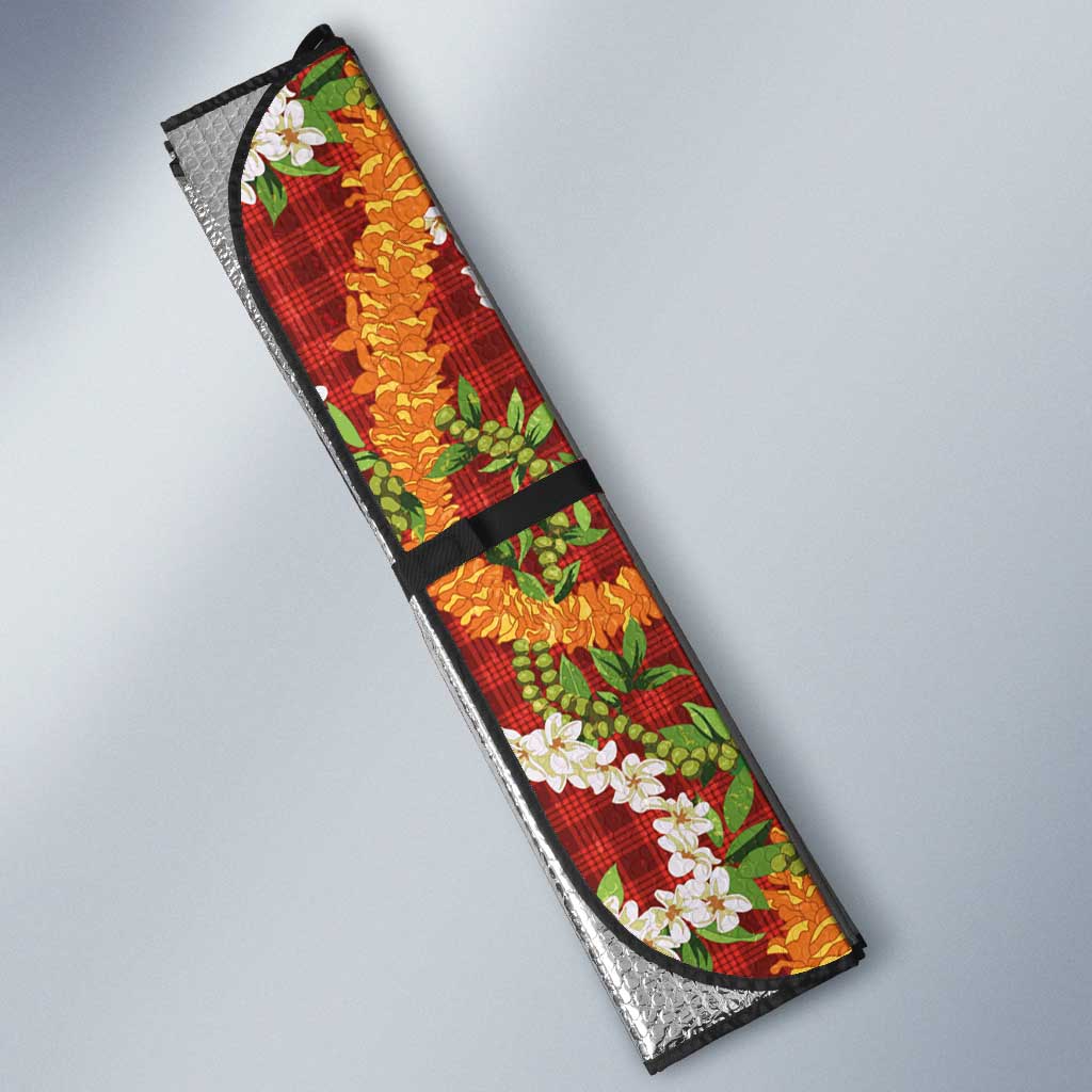 Hawaiian Plumeria Lei Auto Sun Shade Kakau Motifs and Palaka Half Style Red Color - Polynesian Pride