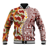 Hawaiian Plumeria Lei Baseball Jacket Kakau Motifs and Palaka Half Style Red Color - Polynesian Pride