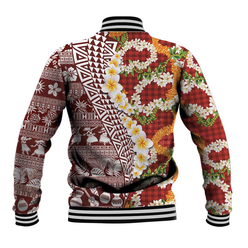 Hawaiian Plumeria Lei Baseball Jacket Kakau Motifs and Palaka Half Style Red Color - Polynesian Pride