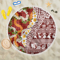 Hawaiian Plumeria Lei Beach Blanket Kakau Motifs and Palaka Half Style Red Color LT03 One Size 150cm Red - Polynesian Pride