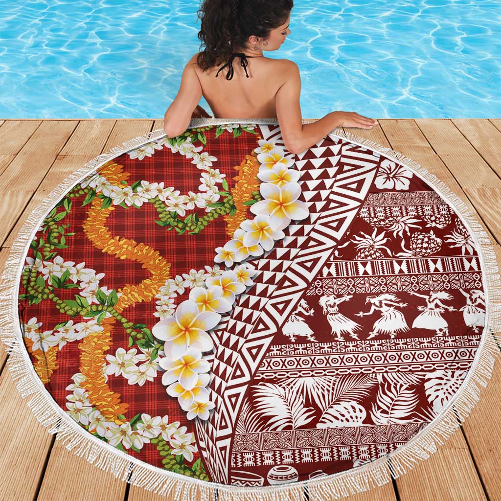 Hawaiian Plumeria Lei Beach Blanket Kakau Motifs and Palaka Half Style Red Color LT03 - Polynesian Pride