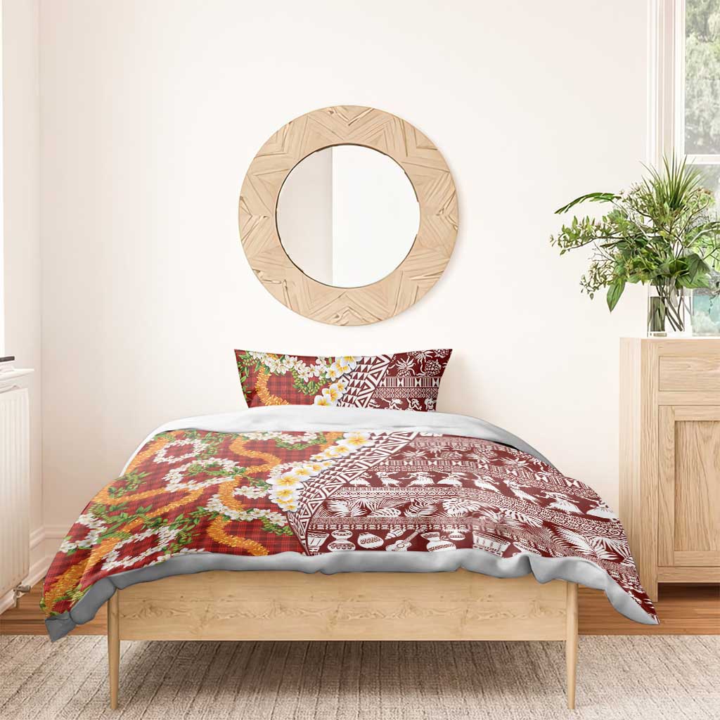 Hawaiian Plumeria Lei Bedding Set Kakau Motifs and Palaka Half Style Red Color - Polynesian Pride