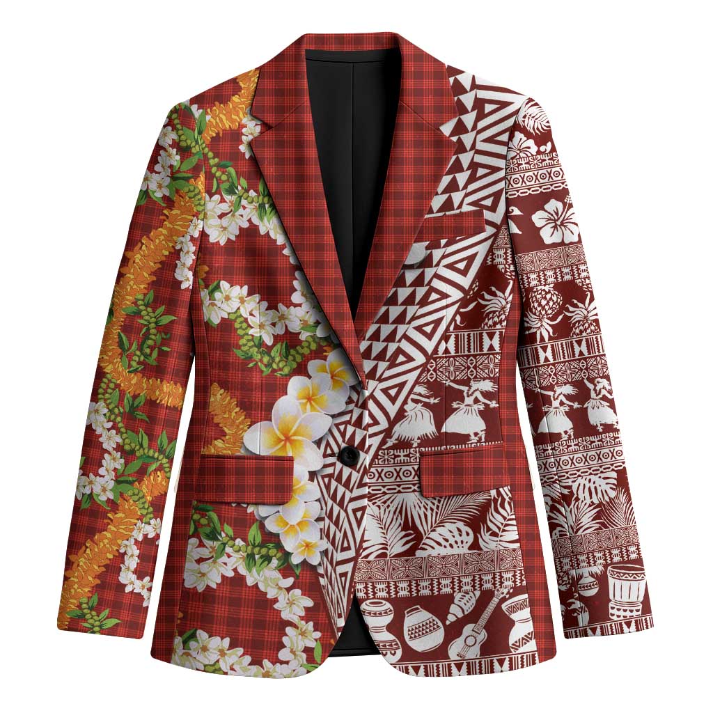 Hawaiian Plumeria Lei Blazer Kakau Motifs and Palaka Half Style Red Color LT03 Unisex Red - Polynesian Pride