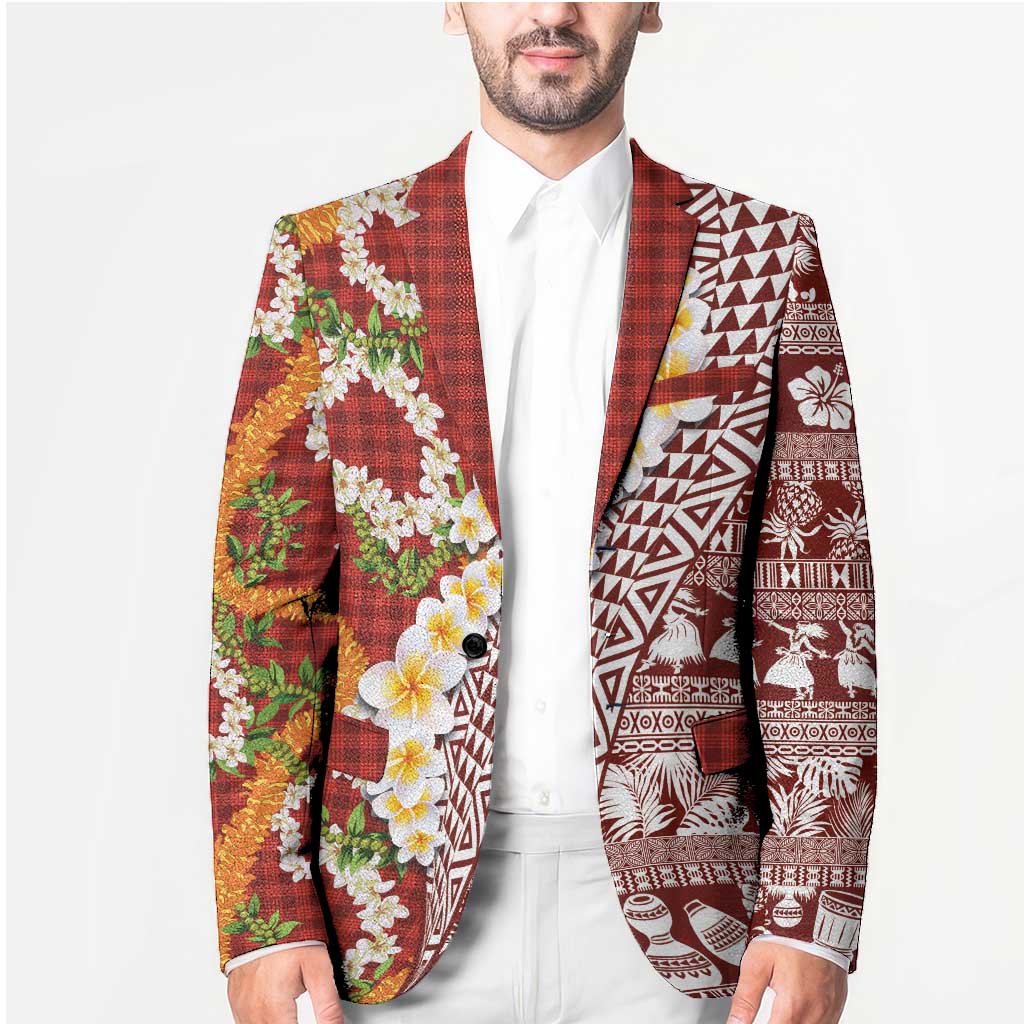 Hawaiian Plumeria Lei Blazer Kakau Motifs and Palaka Half Style Red Color - Polynesian Pride