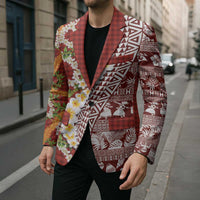 Hawaiian Plumeria Lei Blazer Kakau Motifs and Palaka Half Style Red Color - Polynesian Pride