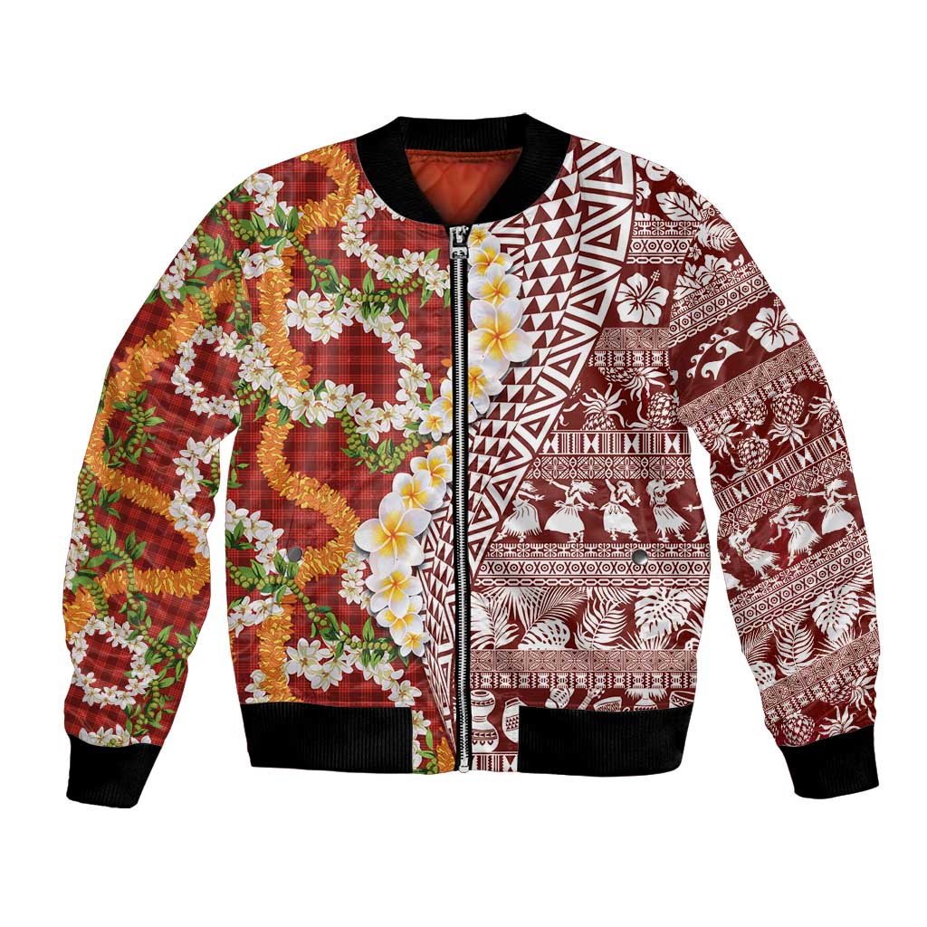 Hawaiian Plumeria Lei Bomber Jacket Kakau Motifs and Palaka Half Style Red Color LT03 Unisex Red - Polynesian Pride