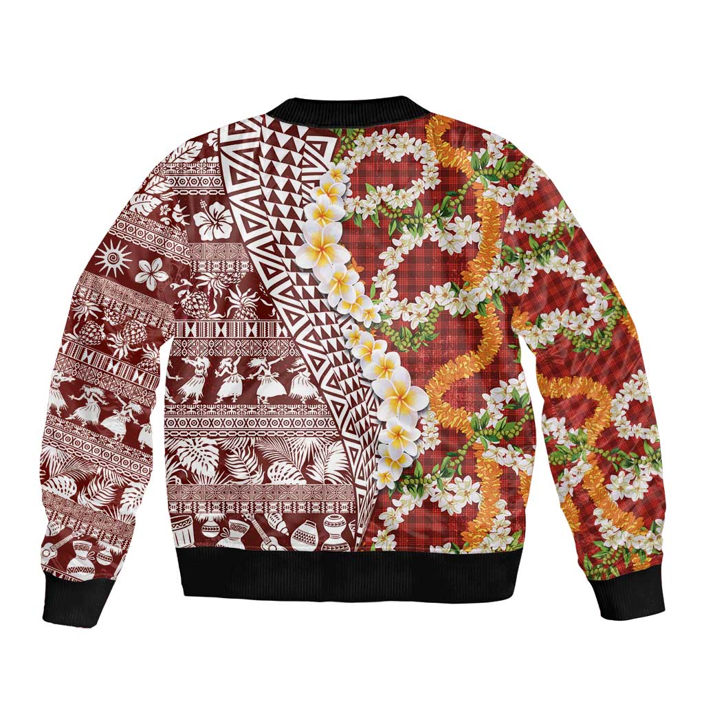 Hawaiian Plumeria Lei Bomber Jacket Kakau Motifs and Palaka Half Style Red Color LT03 - Polynesian Pride